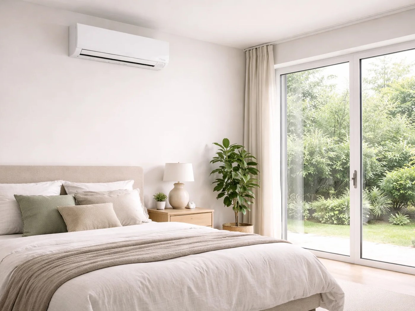 Wall mounted air conditioning unit in a bright bedroom with garden doors